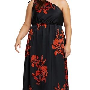 Estelle Plus Elegant Black and Red Floral One-Shoulder Dress